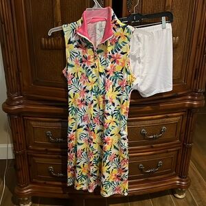 Emerald 18 SZ SM Tropical Print Golf Dress with white undershorts.
